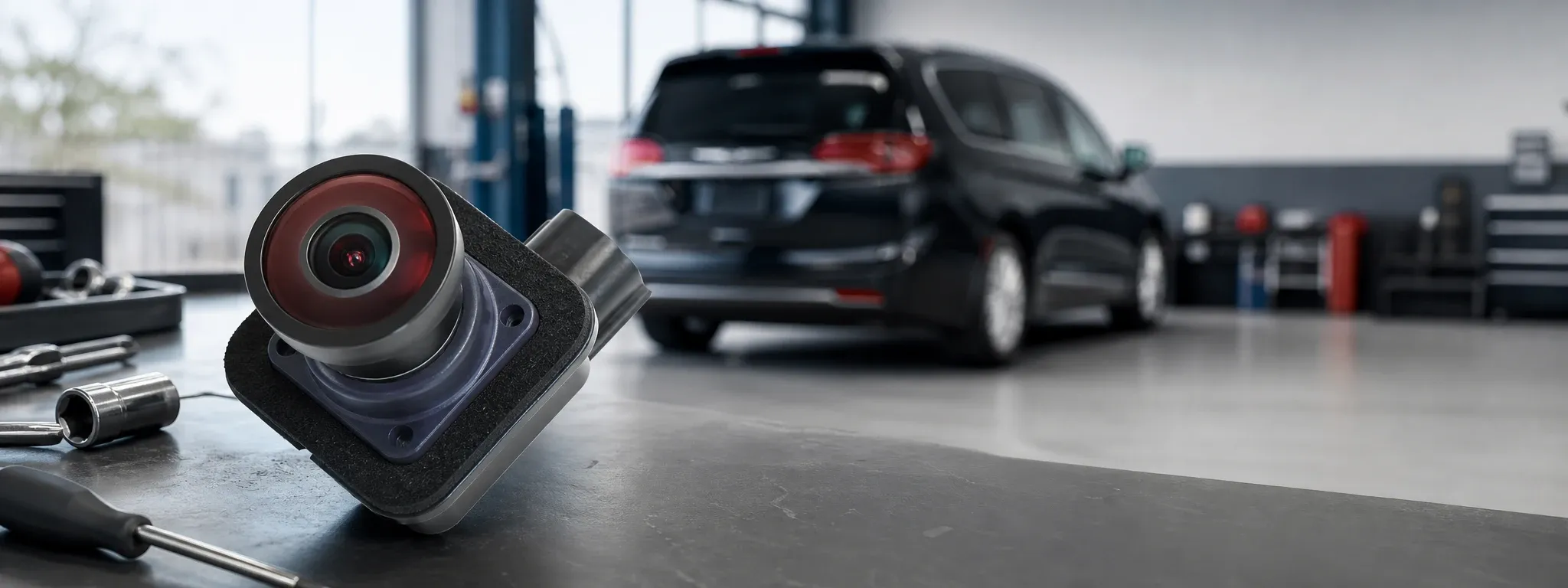 Chrysler Pacifica rear backup camera replacement placed on a workbench in a garage with a Chrysler Pacifica minivan in the background