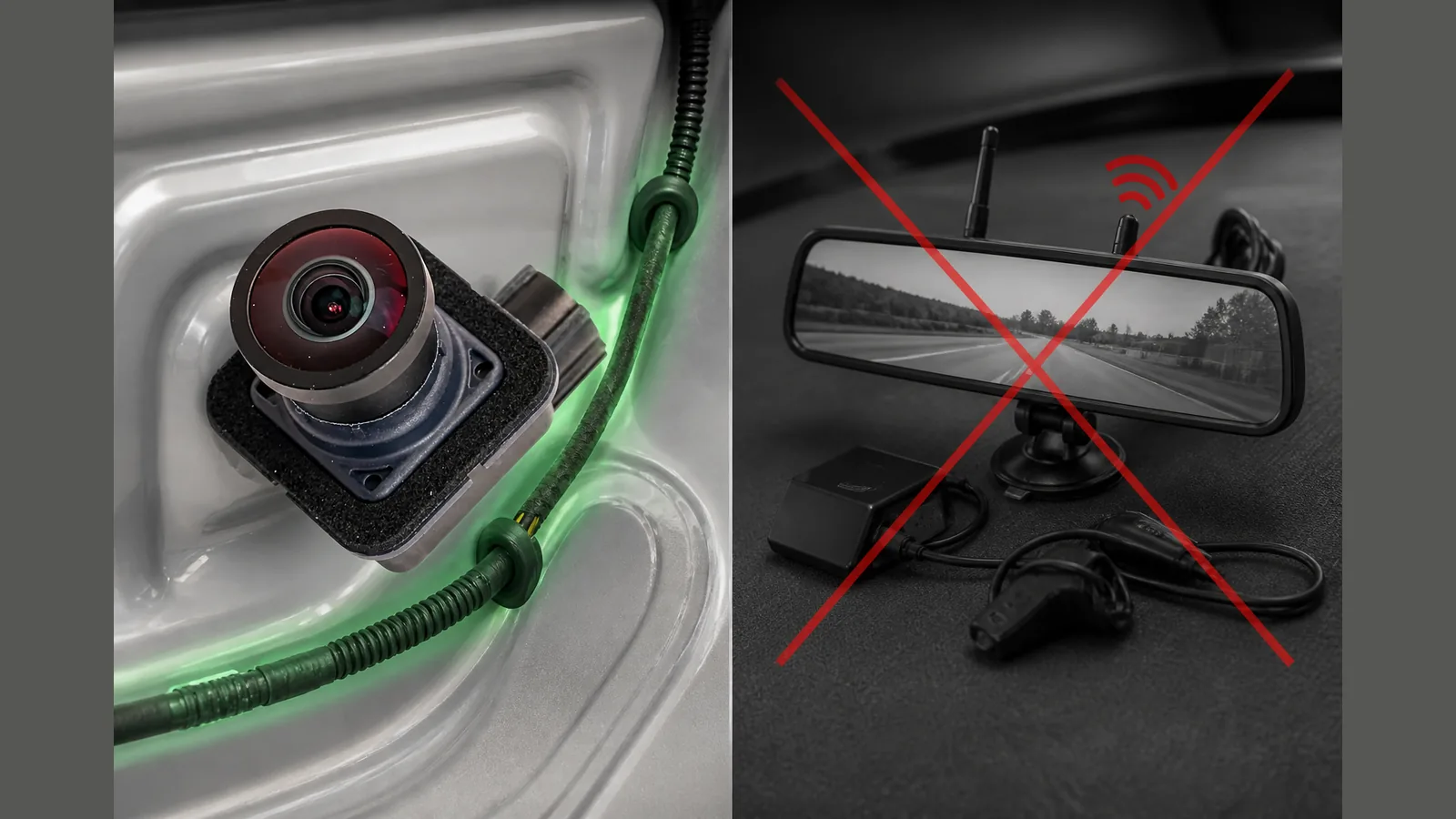 Wired OE Pacifica reverse camera compared with a Wi-Fi mirror kit